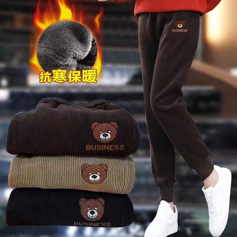 小熊刺绣加绒加厚保暖裤时尚韩版百搭休闲宽松冬季高腰裤子长毛绒
