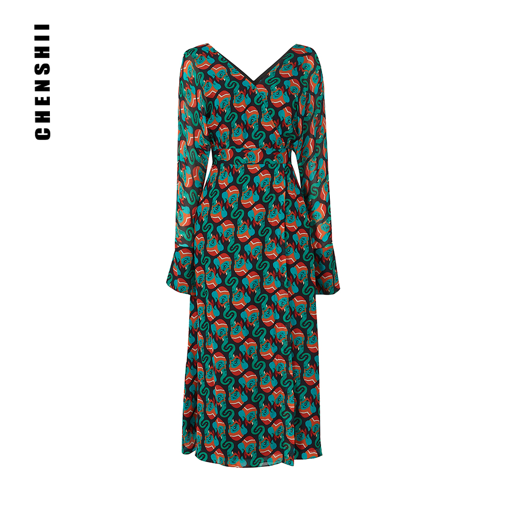 【CHENSHII 辰时】显瘦印花真丝长袖碎花连衣裙  CS1803Y109       