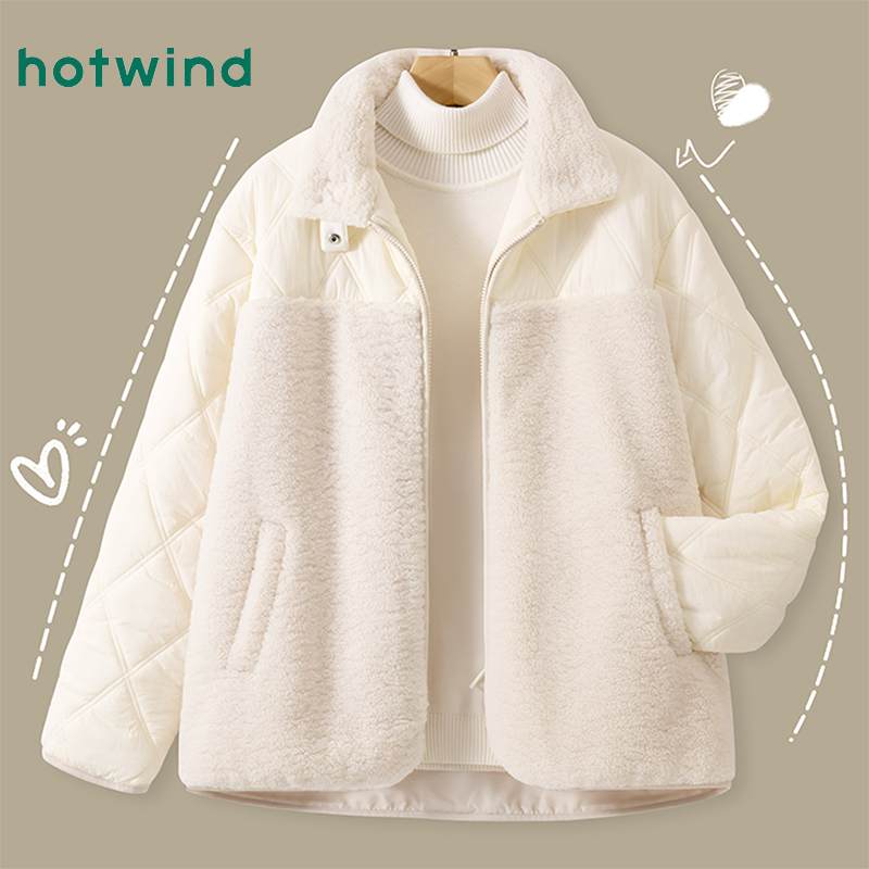 Hotwind/热风羊羔绒外套女冬季2025新款爆款女士加绒加厚休闲棉袄