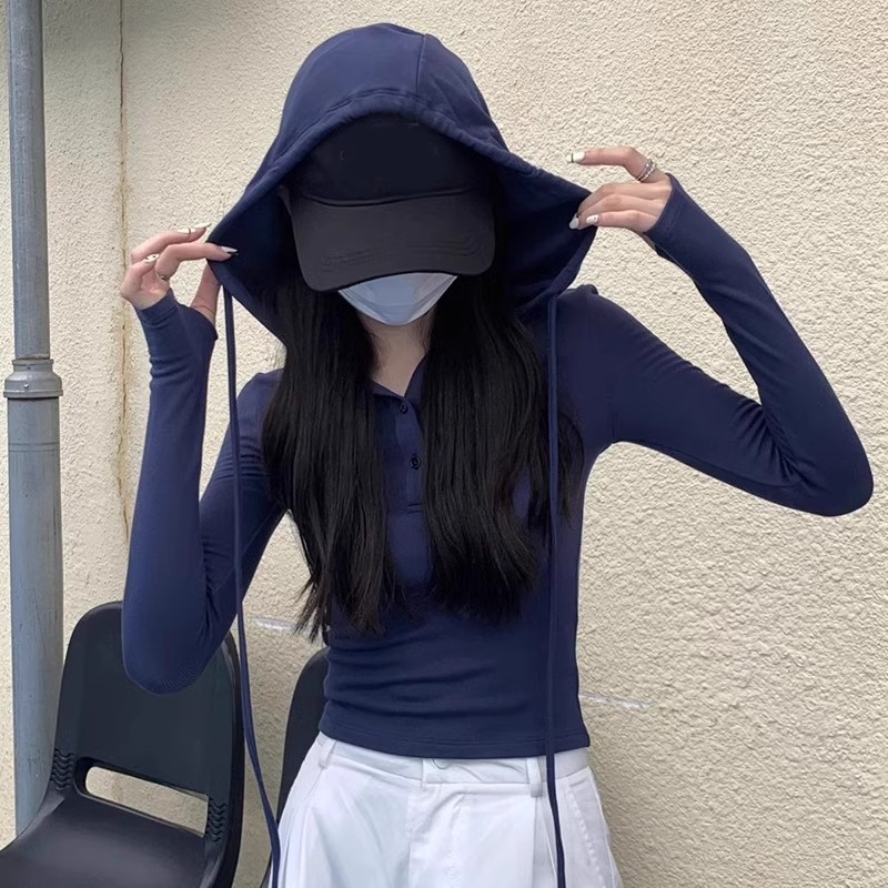 连帽短款上衣女早秋高级感美拉蓝打底衫miu系卫衣配工装裤长袖T恤