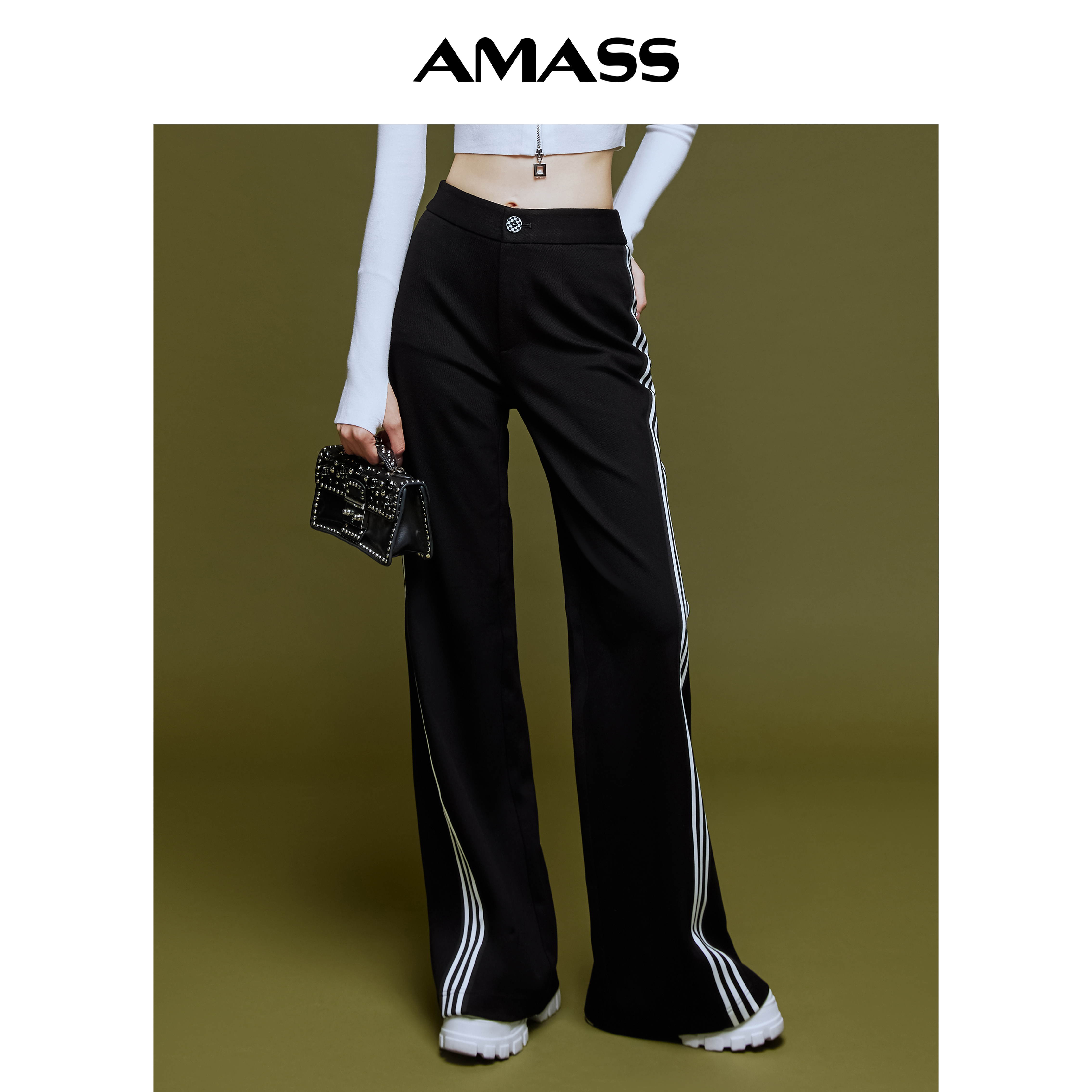 AMASS/阿玛施 秋冬新款运动休闲高腰显瘦三条杠阔腿长裤5100458