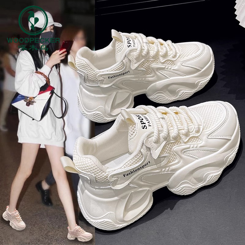 啄木鸟厚底老爹鞋女2025新款春夏网面透气增高女鞋运动百搭小白鞋