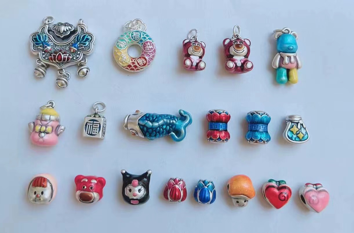 足银珐琅银制品 足银999素银配件、足银999银珐琅彩色滴油配件