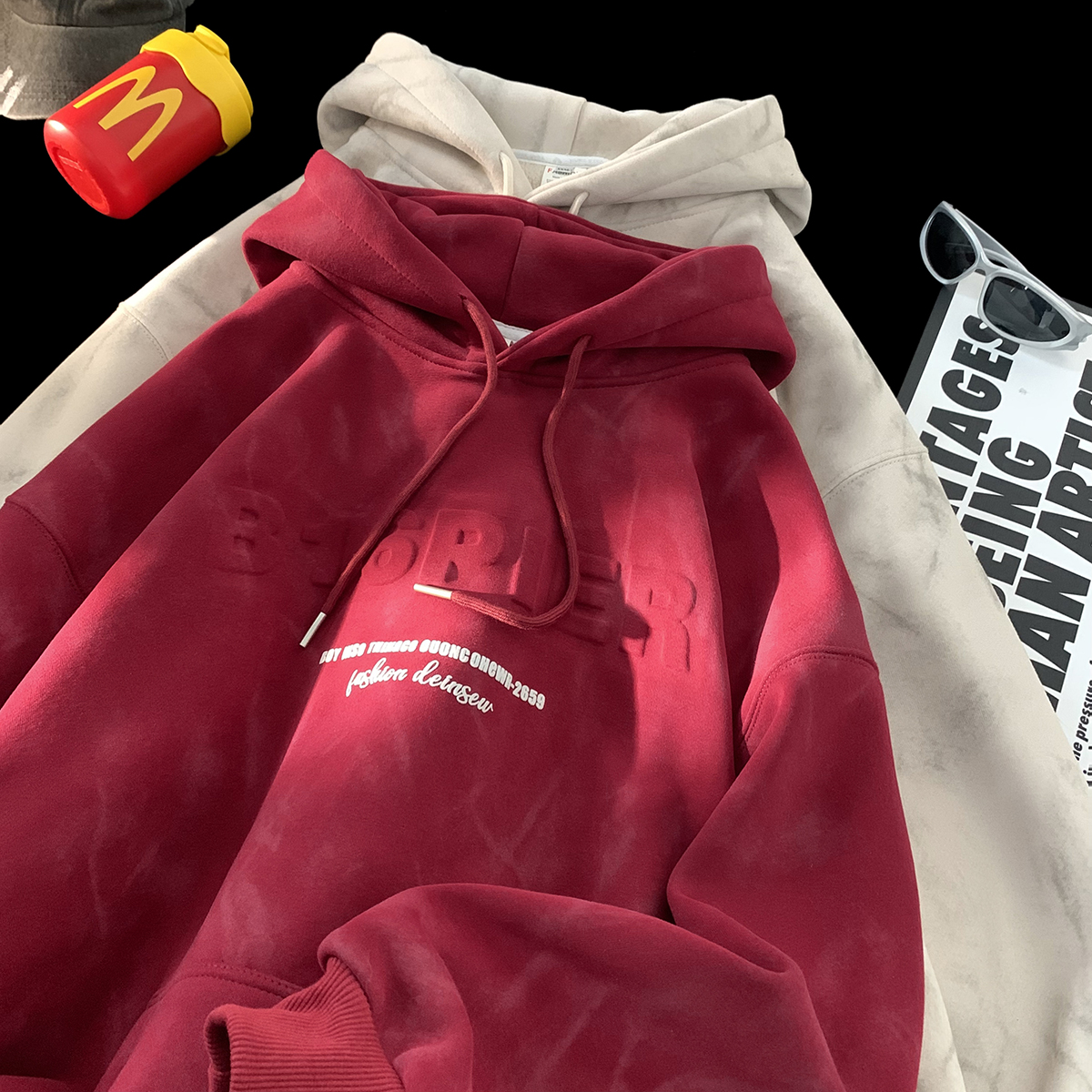 2024秋装新款连帽立体钢印卫衣男情侣宽松卫衣加绒套头潮流男卫衣