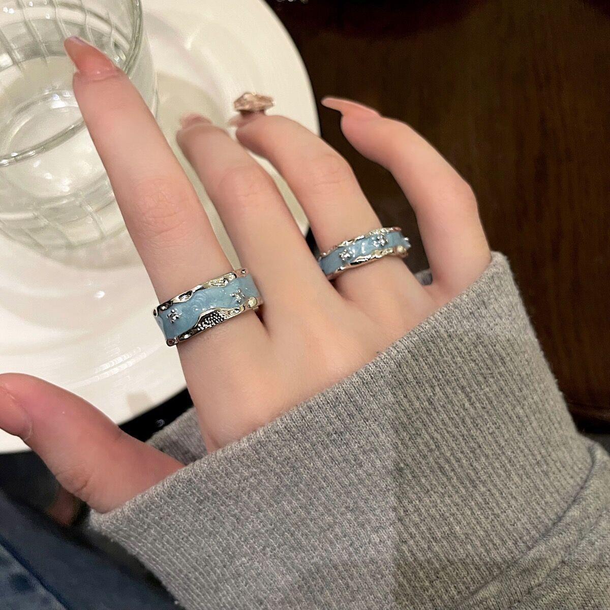 铜合金戒指 复古小众天空蓝滴釉开口戒指女轻奢高级可调节食指戒
