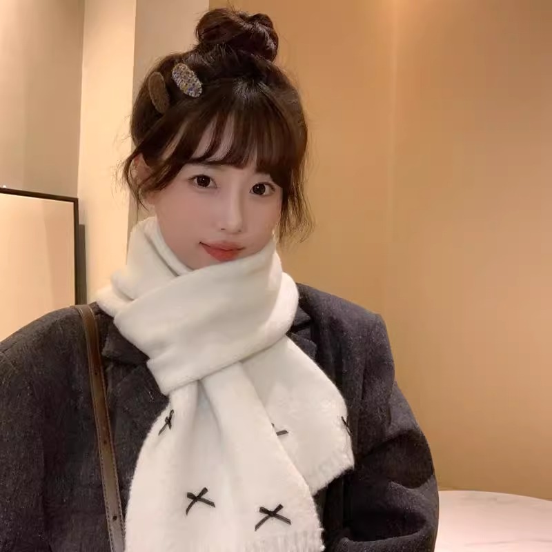 2024新款韩版蝴蝶结小香风可爱围巾女秋冬季百搭学生保暖针织围脖