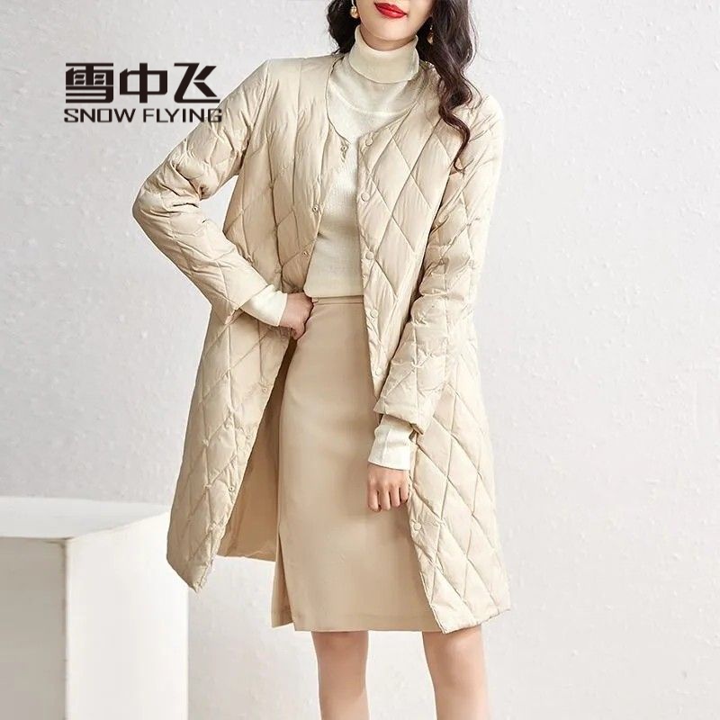 雪中飞羽绒服2023冬季新款韩版时尚棉衣圆领长袖内胆打底百搭中长