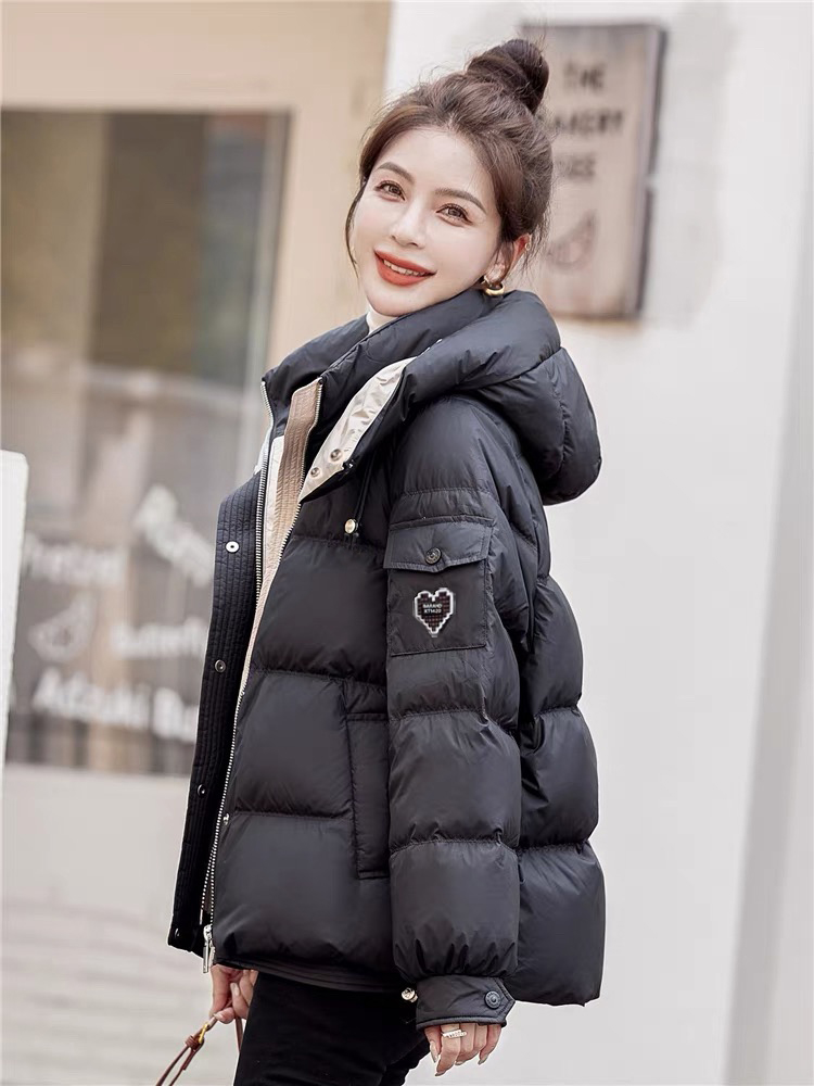 女士连帽拼色棉服女冬2025新款高级感加厚保暖面包服外套女士