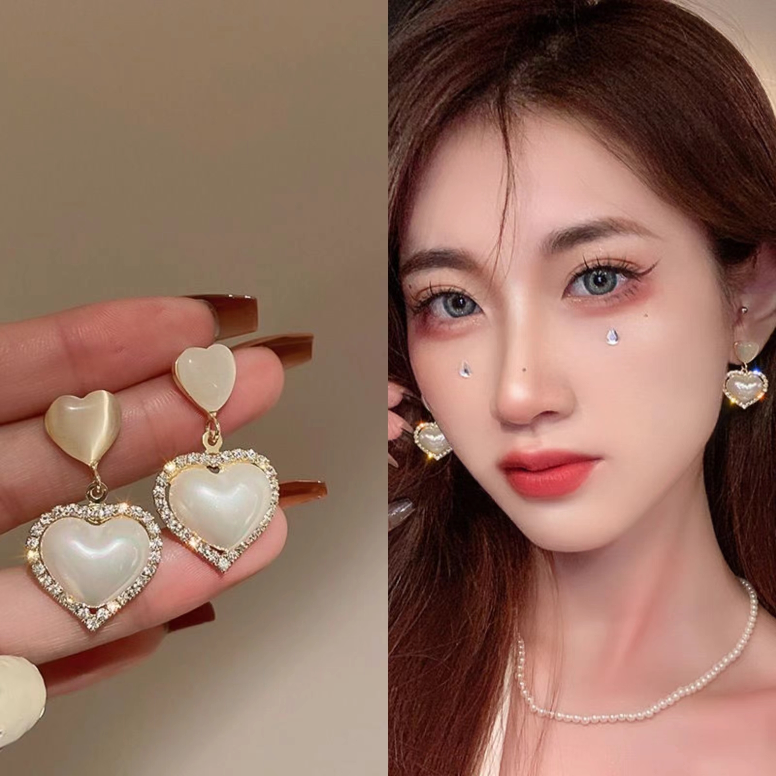 合金耳饰 春夏爱心珠珠耳环2024年新款气质耳钉百搭轻奢小众设计