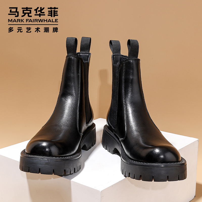 马克华菲切尔西靴男英伦风秋季真皮高帮马丁靴男款复古潮靴子皮靴