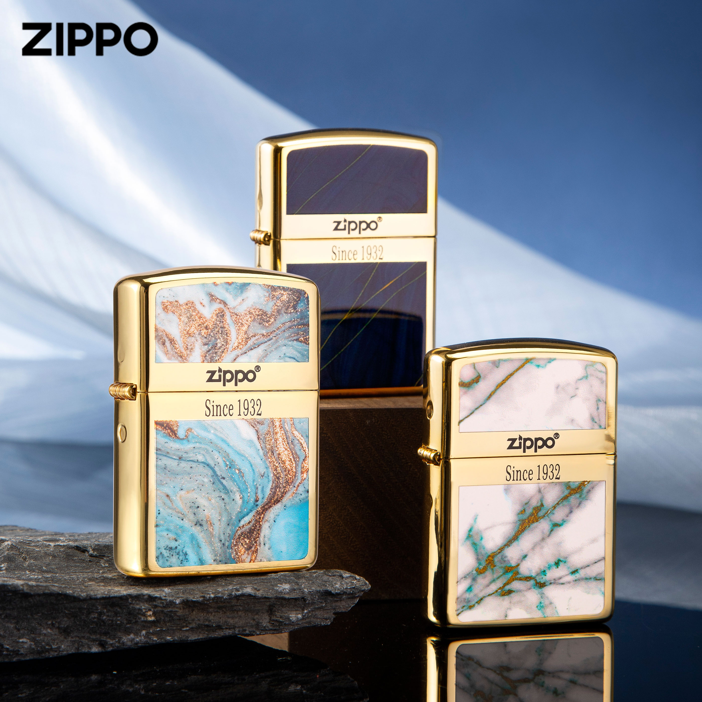 ZIPPO/之宝镀金盔甲商标起源官方正品珐琅白金大理石纹打火机DYJ1
