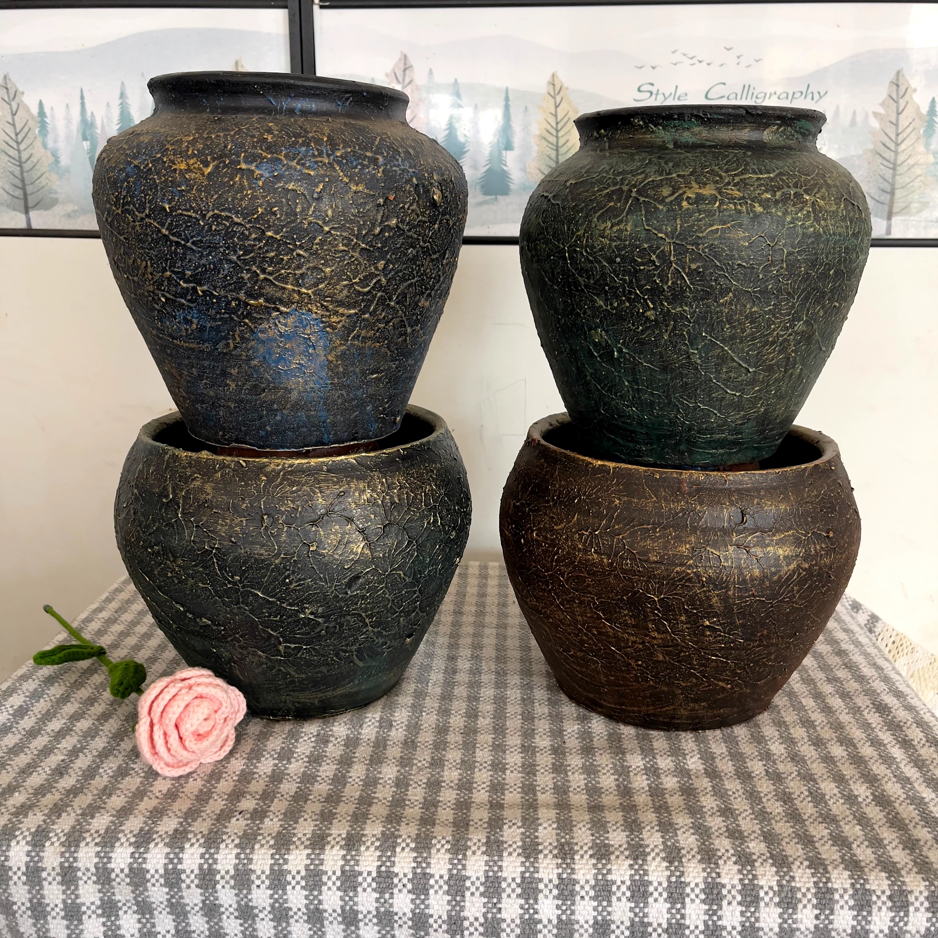 复古口径浮雕花盆坛子多肉植物绿植大法师老桩透气高筒陶罐陶瓷盆