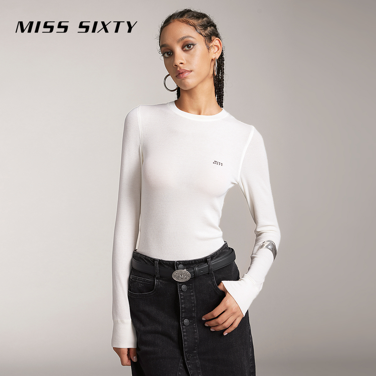 Miss SixtyT恤女含绵羊毛针织长袖圆领外穿打底上衣