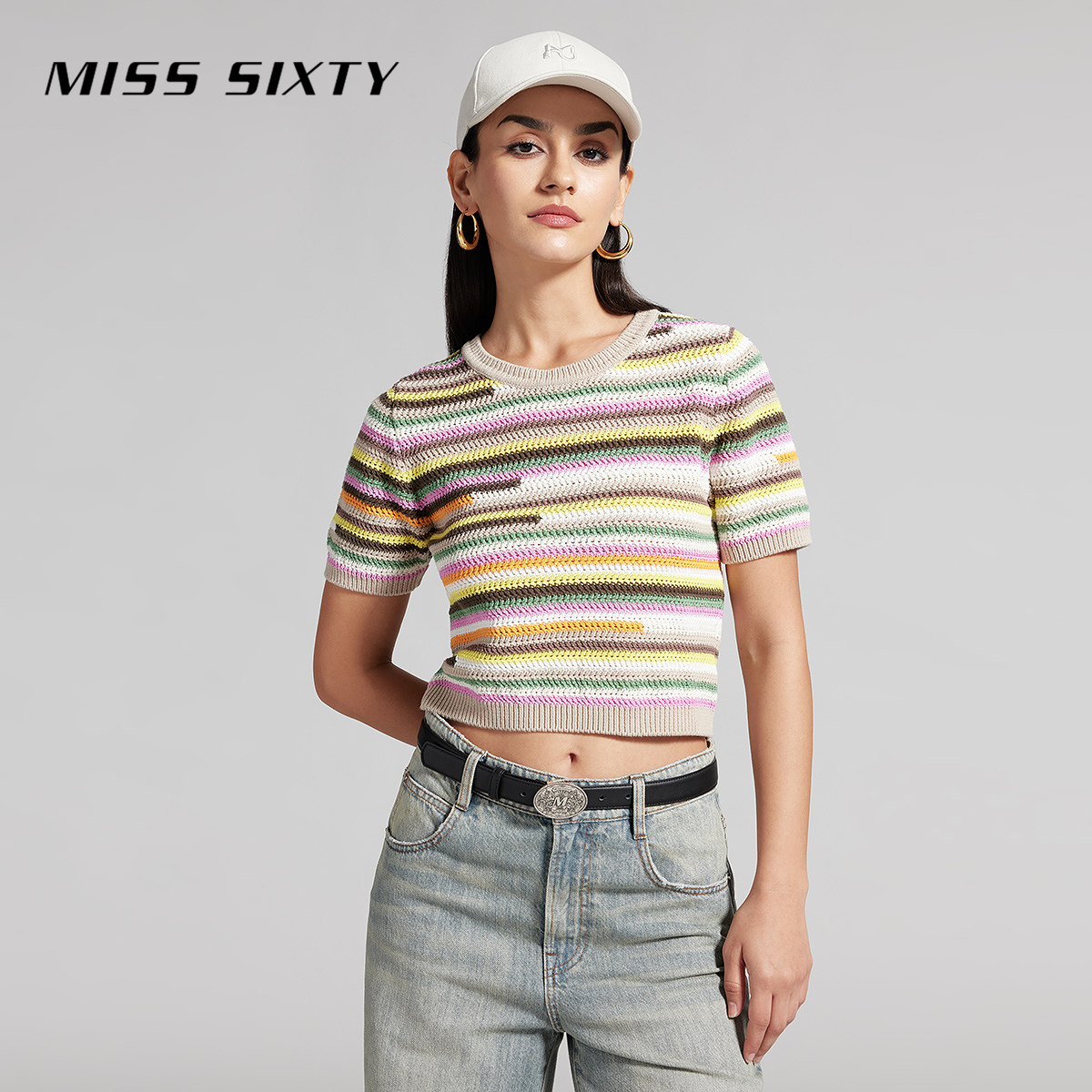 【小玉专属】Miss Sixty夏针织衫镂空短袖多巴胺度假上衣9276