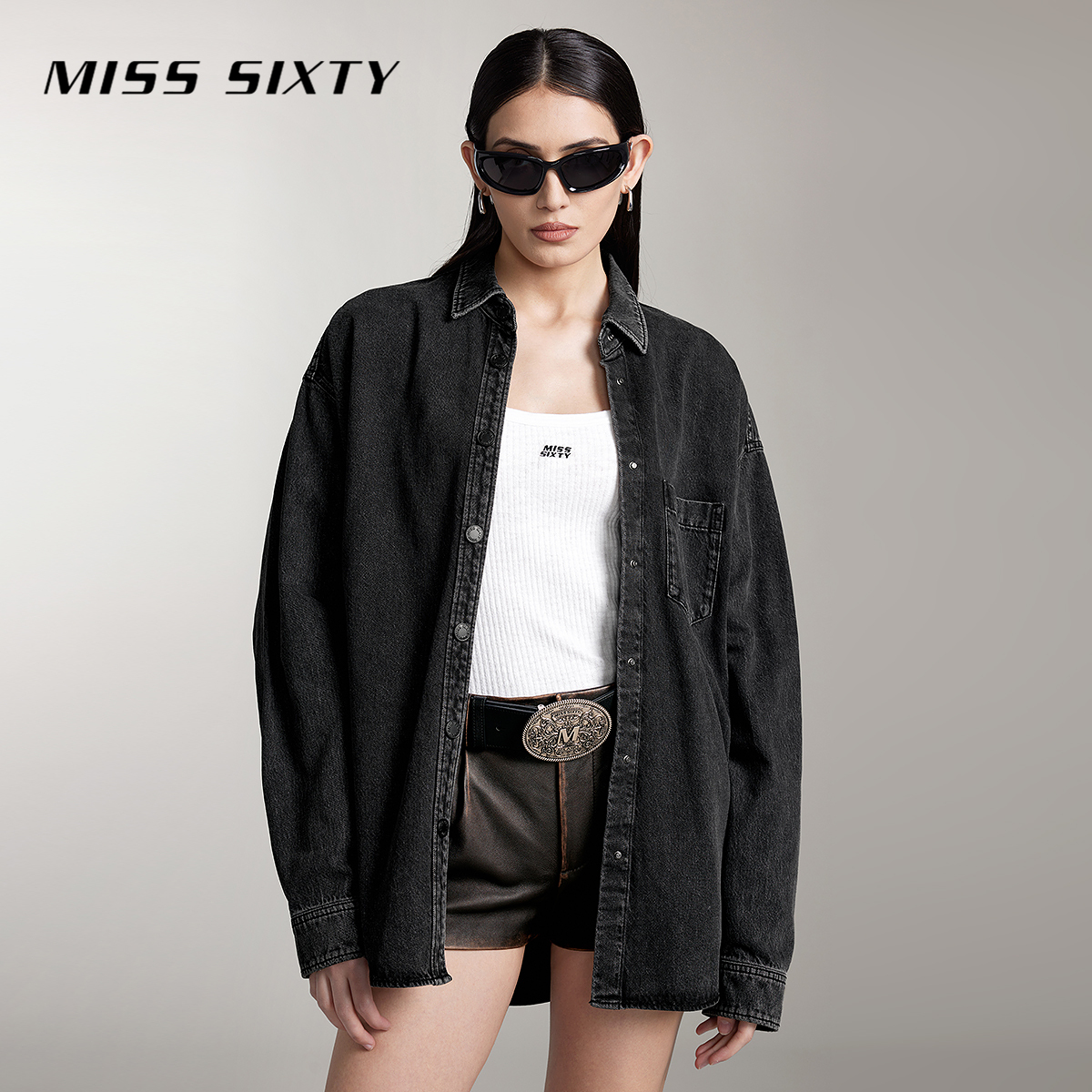 【陈大可专属】Miss Sixty牛仔衬衫女复古水洗印花宽松长款黑灰色