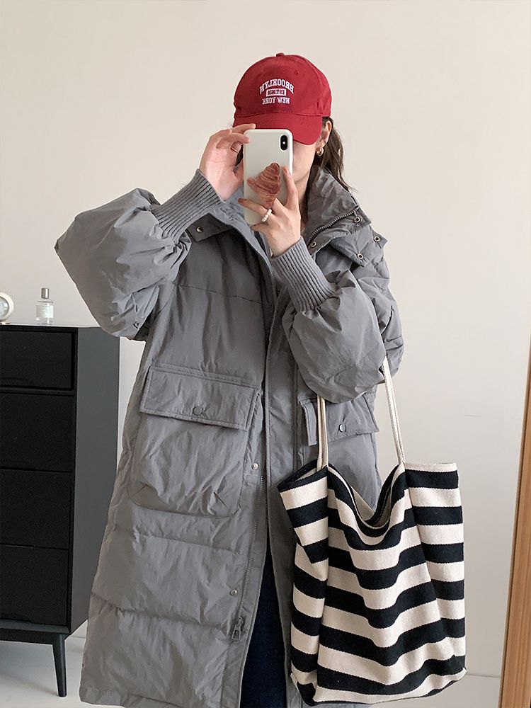 反季羽绒服女长款过膝2024年冬季新款宽松纯色百搭加厚连帽外套潮