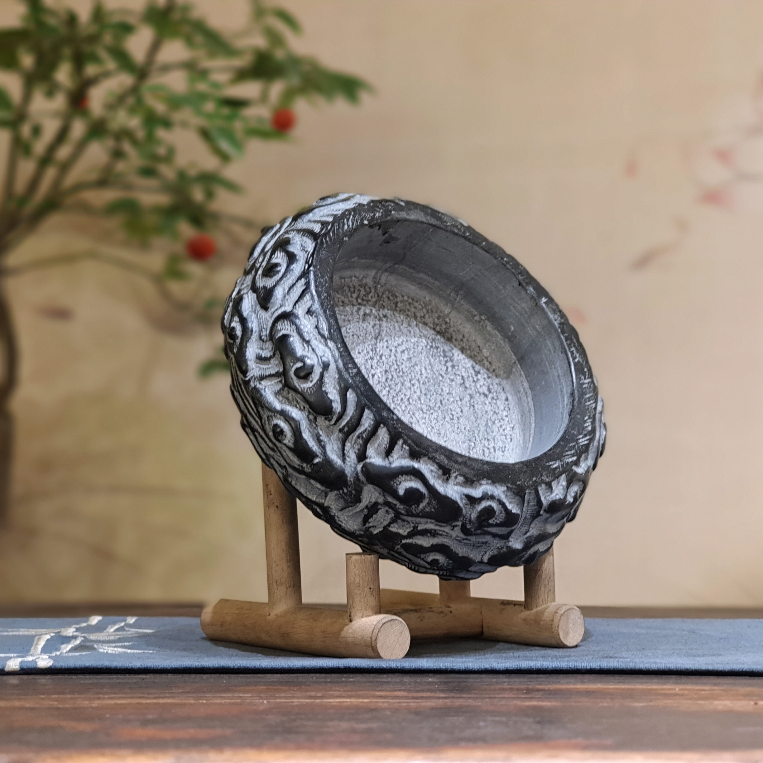 祥云纹石盆|烟灰缸笔洗花盆茶室客厅造景家居摆件