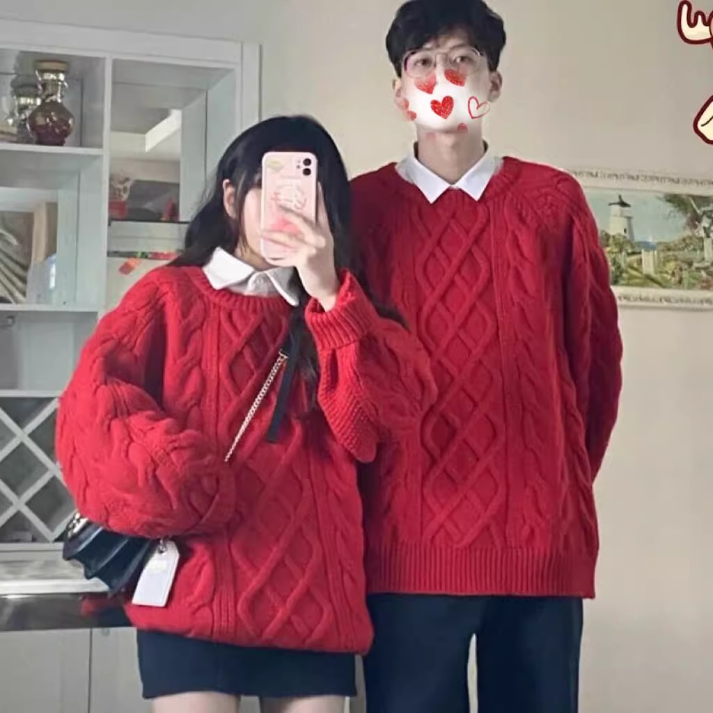 claralee圣诞节麻花毛衣情侣装秋冬季2023新款宽松新年针织衫潮流