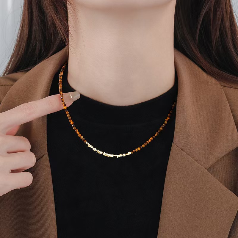 钛钢仿水晶项链 【久家】时尚小众叠戴虎眼石秋冬新款串珠轻奢项链