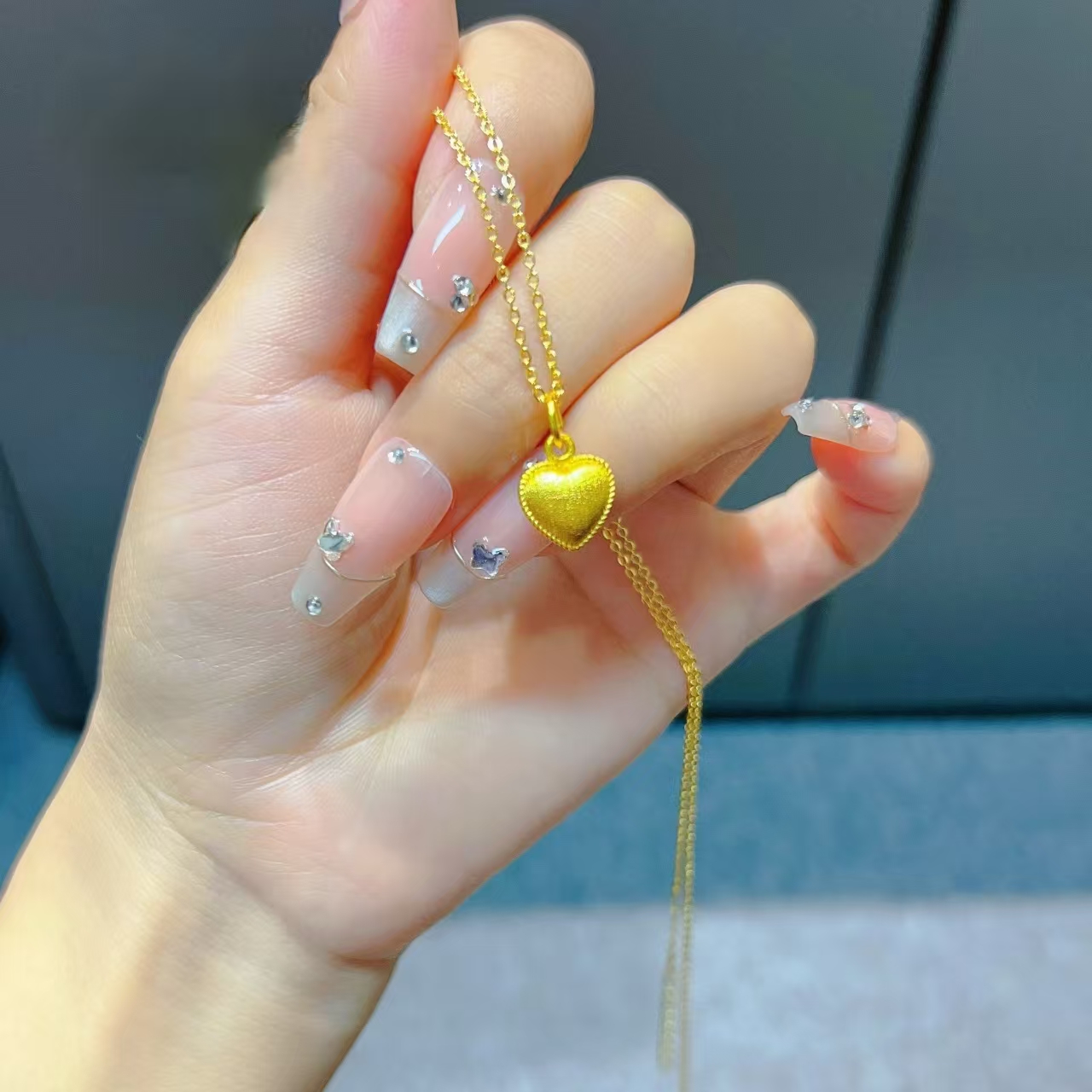 铜合金项链 【久家】铜合金新中式拉丝复古轻奢精致爱心桃心项链