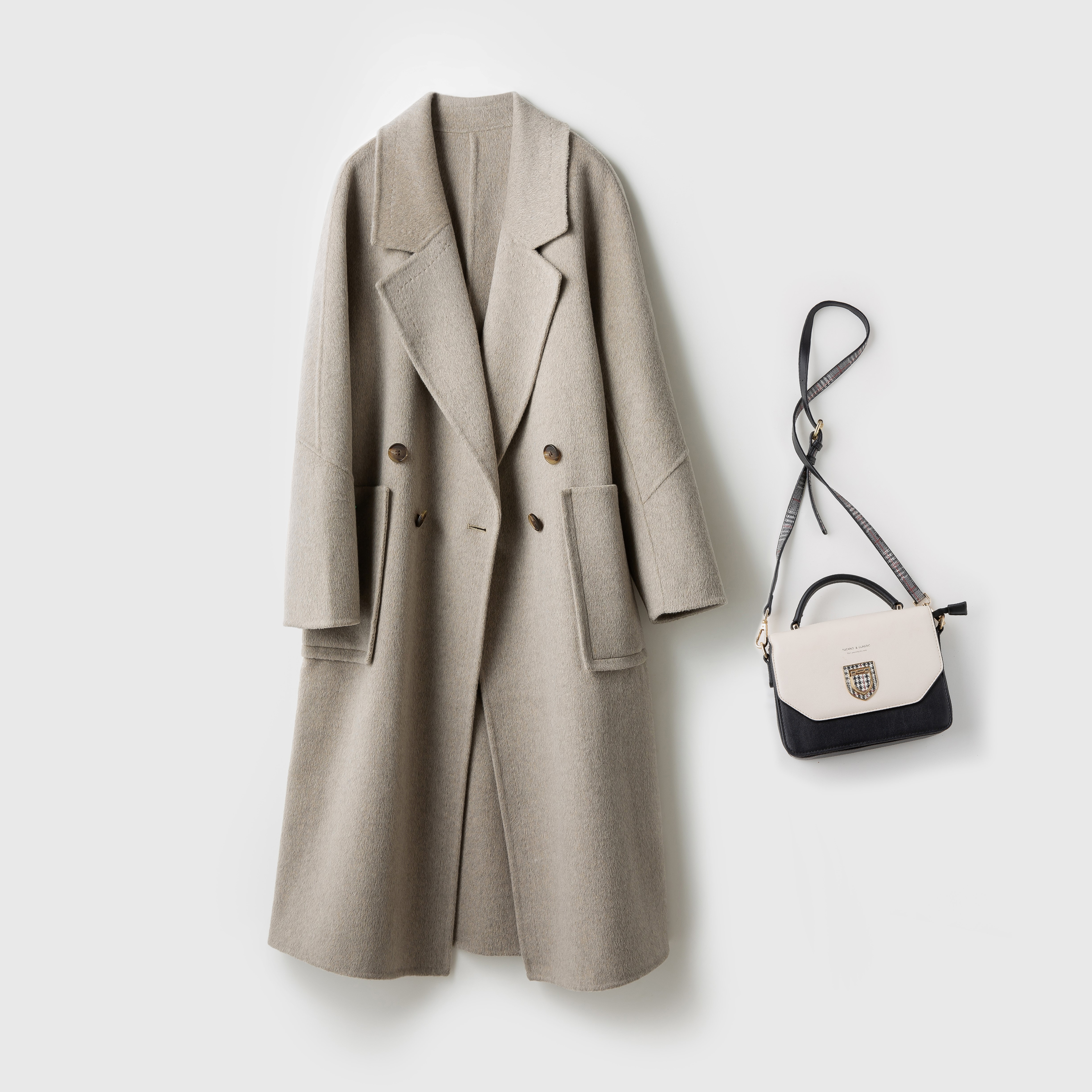 长款高端山羊绒天丝羊毛混纺双面呢大衣翻领时尚冬季设计师气质