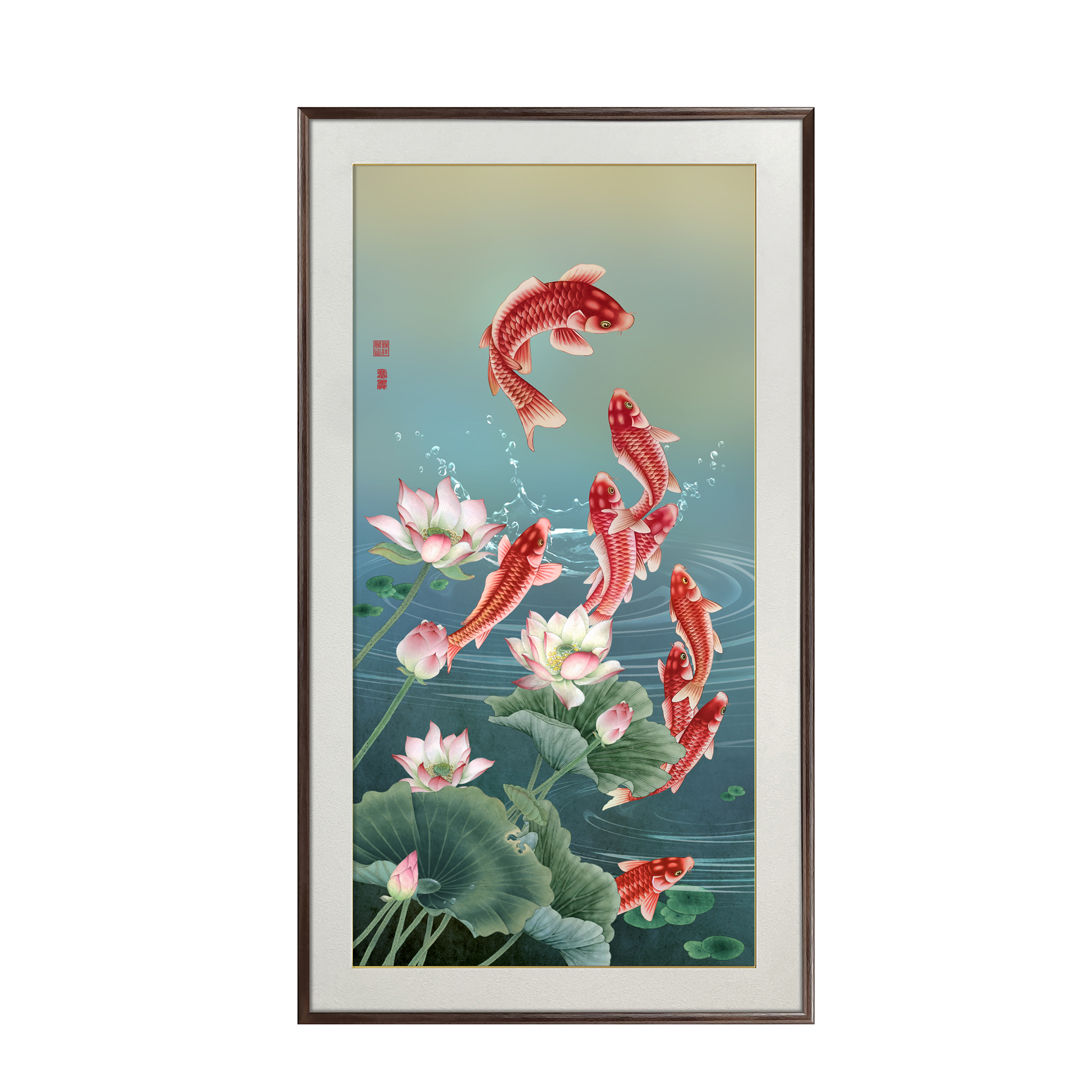 铜祥阁 手工錾刻铜版画《荷花九鱼图》中式玄关沙发背景装饰画挂画