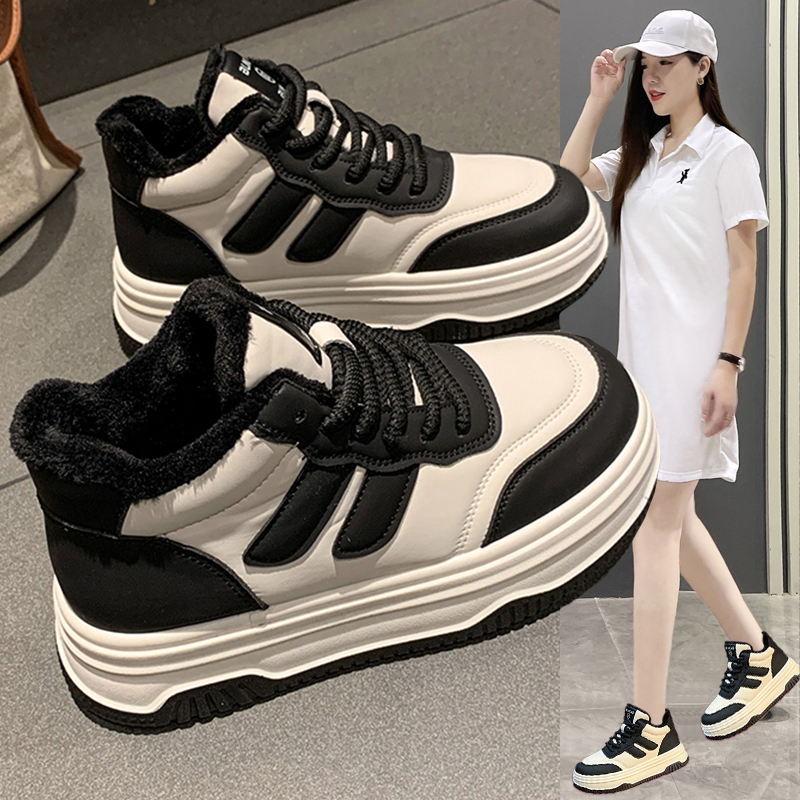百丽王厚底高帮鞋女2024新款冬季加绒加厚保暖棉女鞋学生大棉鞋