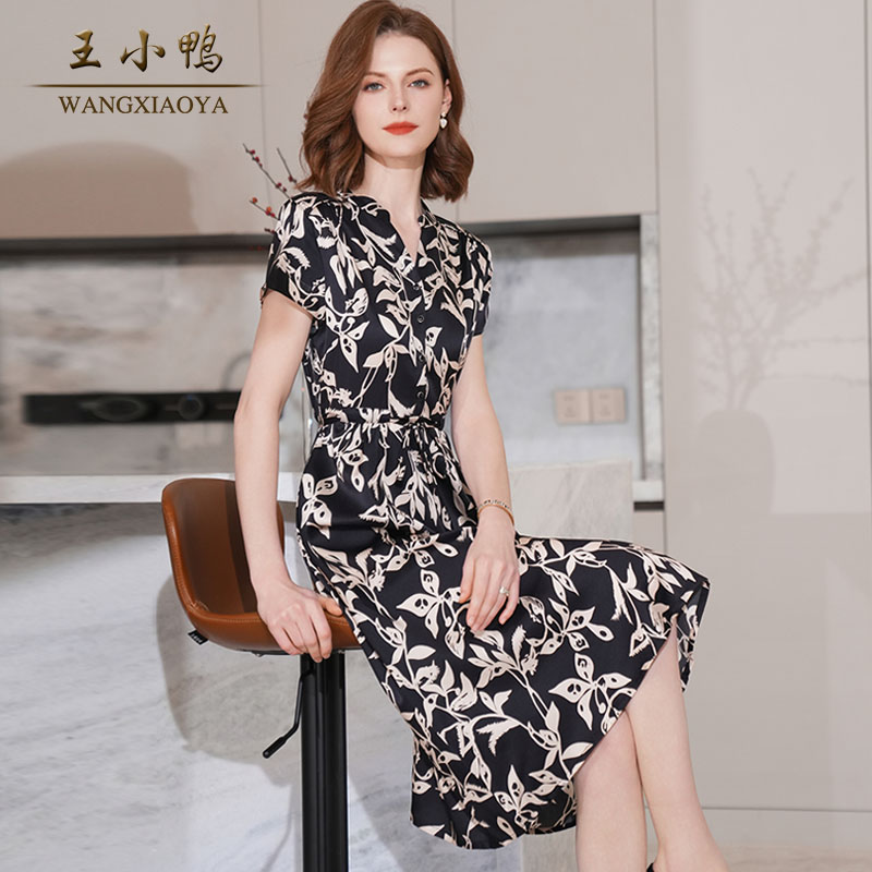 王小鸭桑蚕丝连衣裙女2024优雅气质花色长裙轻薄日常百搭大摆裙