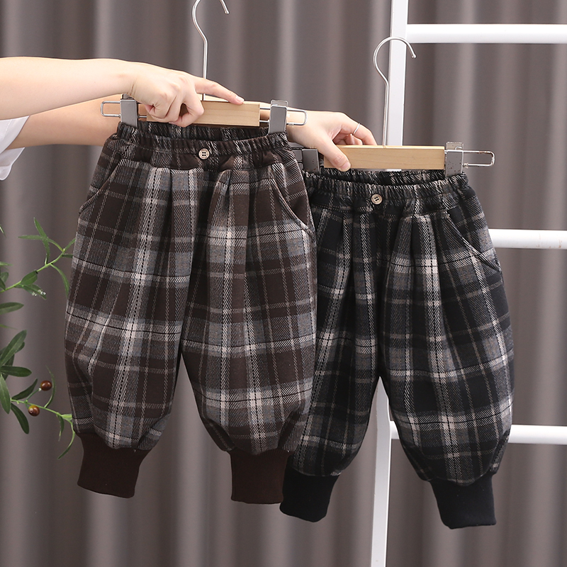 男童加绒裤子一体绒儿童格子裤2024女童秋冬款潮男宝宝冬季羊羔绒