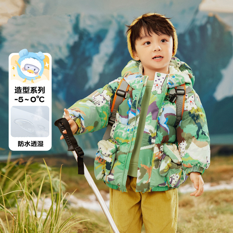 D11冬季新款艾吉熊男童女童羽绒服上衣外套三防萌趣面包服防水潮