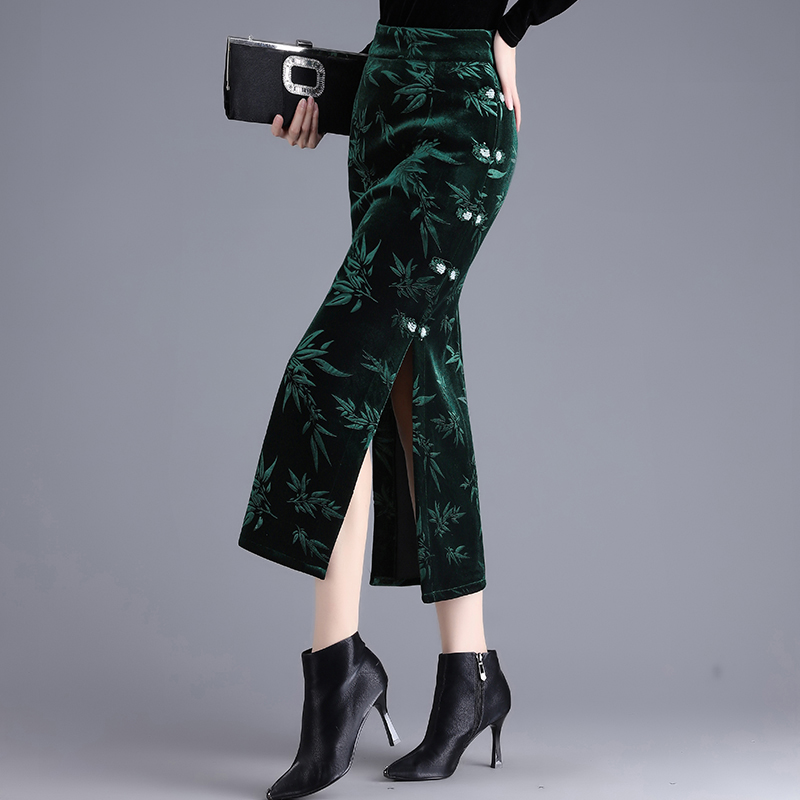 加厚冬季中式半身裙女高腰包臀修身丝绒旗袍裙秋冬一步裙开叉长裙