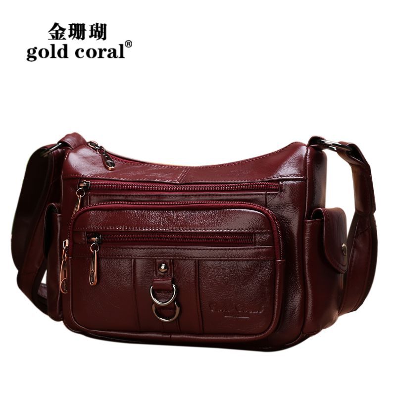 金珊瑚中年女士斜挎包头层牛皮妈妈包软皮单肩包真皮背包斜跨百搭