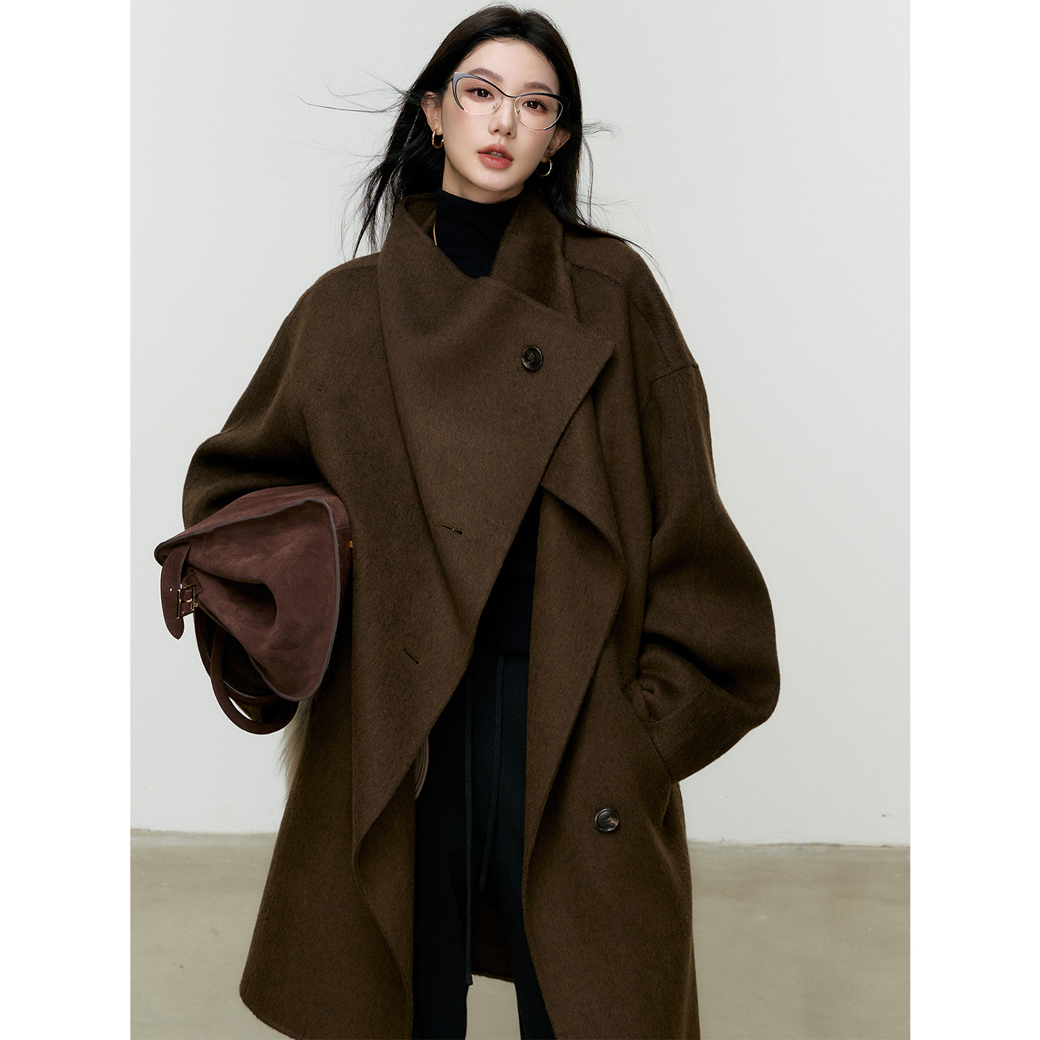 区区欧阳金标典藏 嵿奢老立领双面呢耗牛绒大衣冬季宽松外套气质