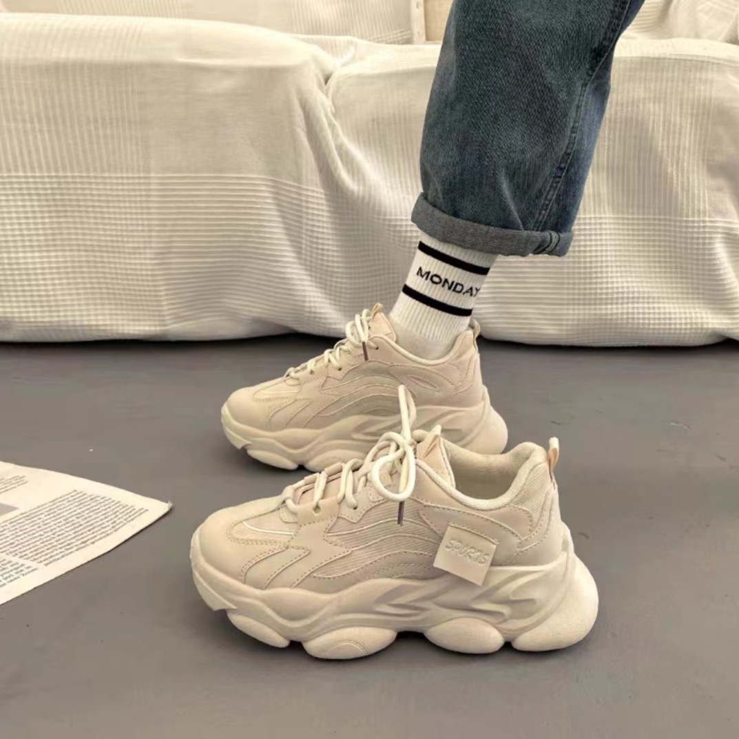 爆款厚底港风老爹鞋女春秋显脚小百搭2023新款增高黑色休闲运动鞋