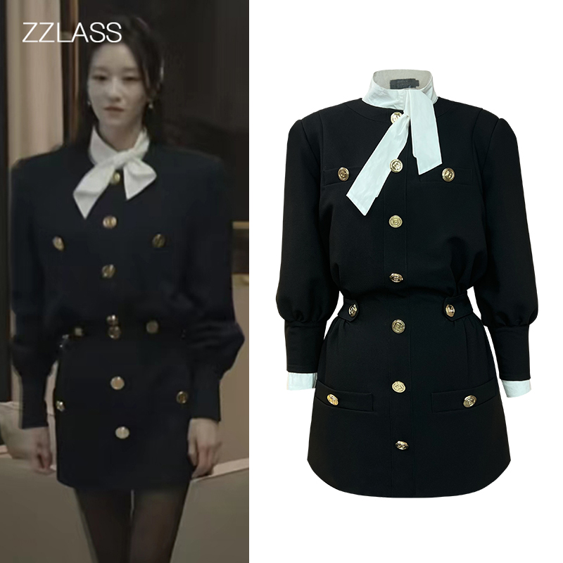 ZZLASS黑色夏娃徐睿知同款宽松长袖小香风中长款财阀千金气质裙子