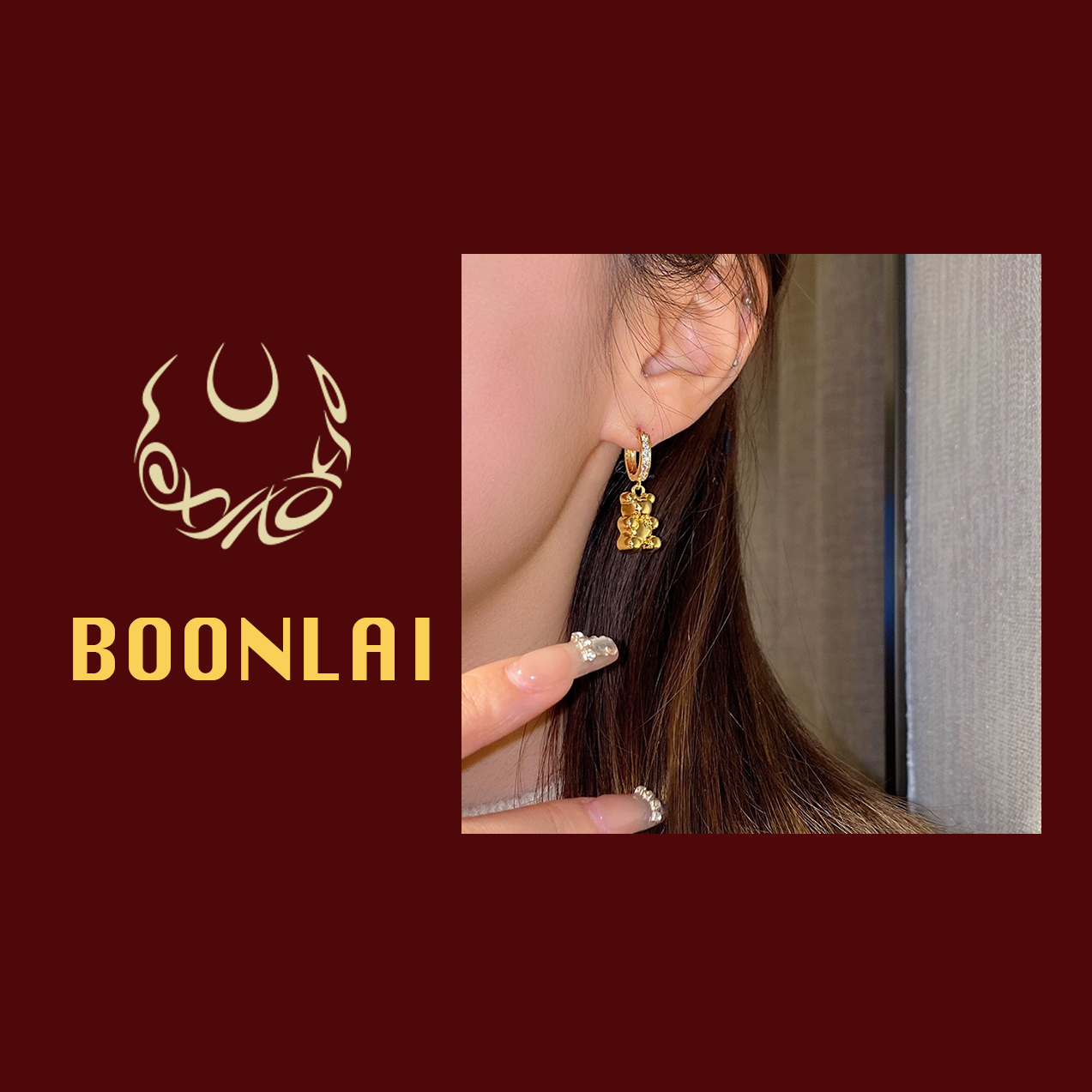 铜合金锆石耳饰 Boonlai 时尚可爱百搭镶钻小熊J耳环 1606