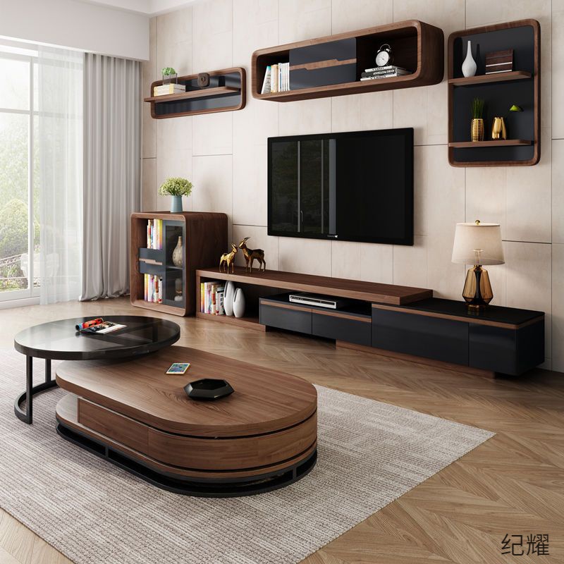 茶几电视柜简约现代圆形钢化玻璃茶几桌储物家用小户型多功能桌子