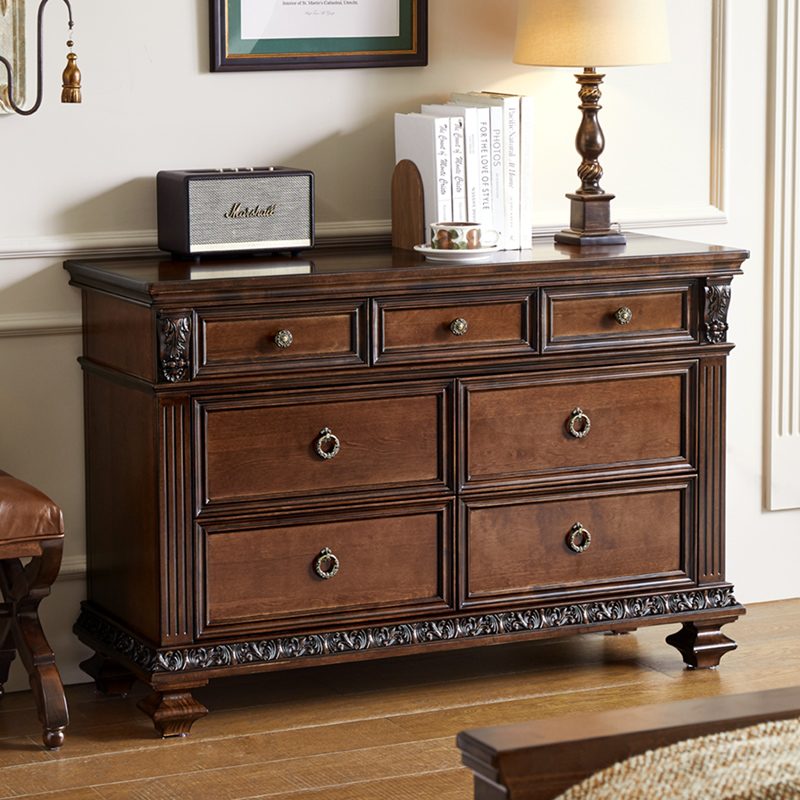 美式实木七斗柜复古客厅卧室床尾柜全原木雕花别墅收纳储物抽屉柜