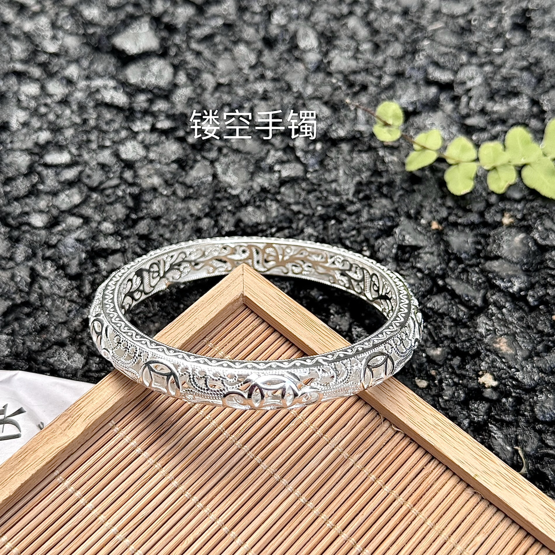 足银手镯 镂空雕花手环足银9999手镯复古宫廷民族风实心经典镯子