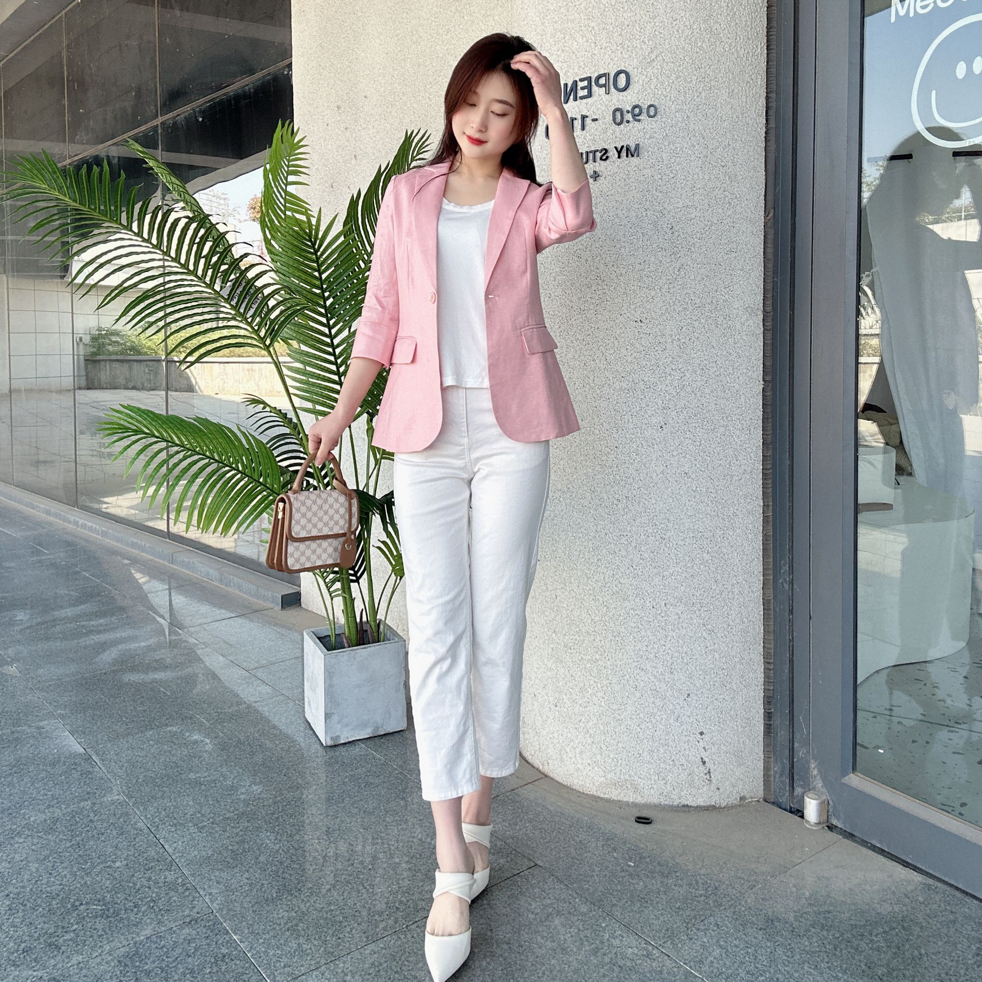 过而歌春夏新款粉色小西装薄款外套女装休闲职业装七分袖高端上衣