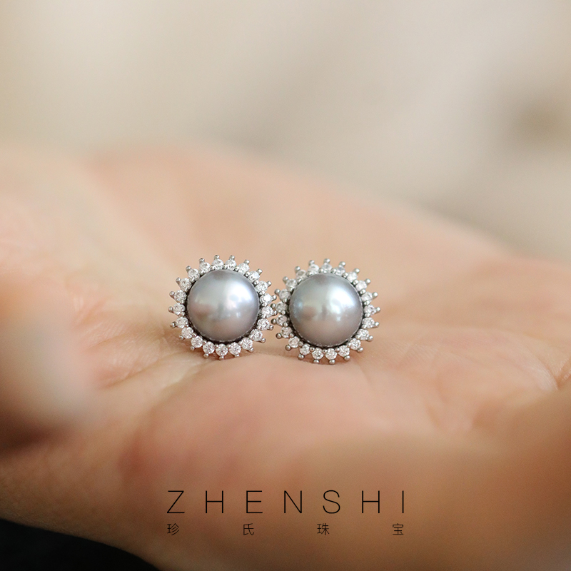 珍氏珠宝 小众灰色淡水珍珠耳钉女 S925银耳环真多麻平替 (青寻)