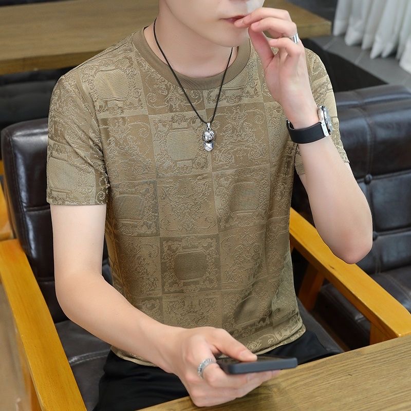 男士夏季新款时尚透气半袖百搭提花圆领T恤上衣弹力休闲短袖速干