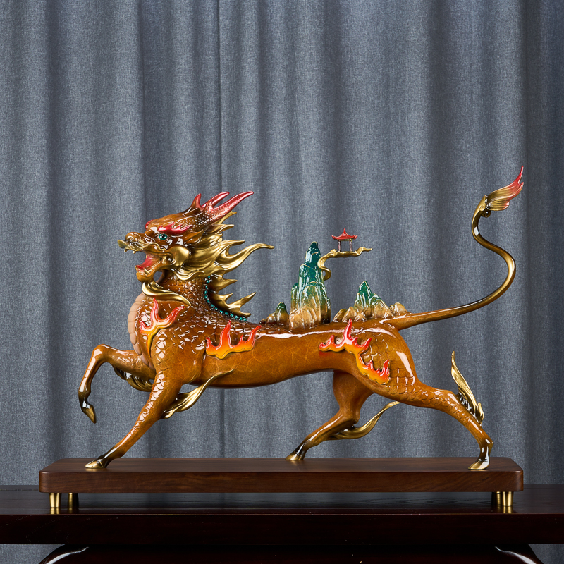 《祥瑞麒麟》全铜黄铜火麒麟手工工艺品高档摆设办公室玄关客厅乔迁