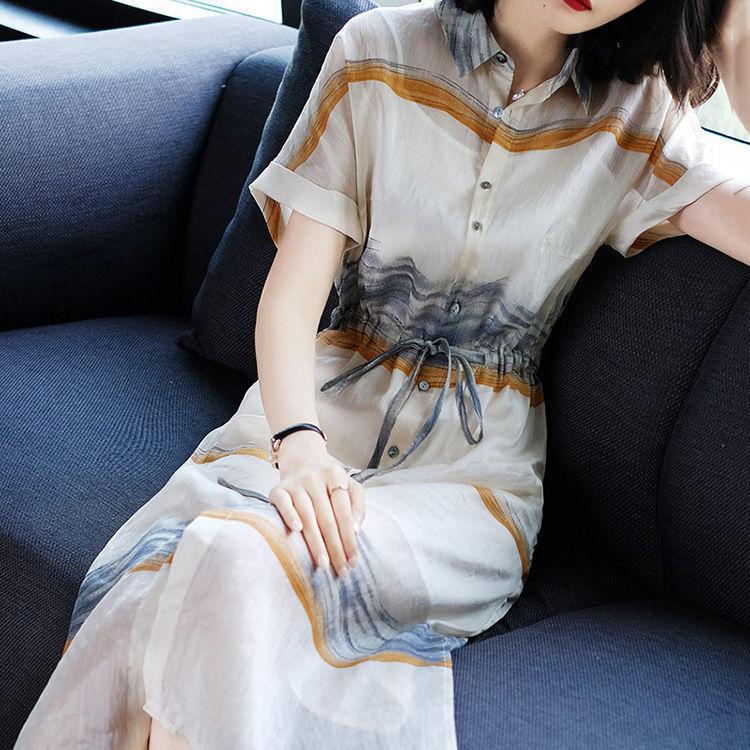 秋季气质时尚印花连衣裙2022新款女装短袖收腰中长款宽松衬衫裙子