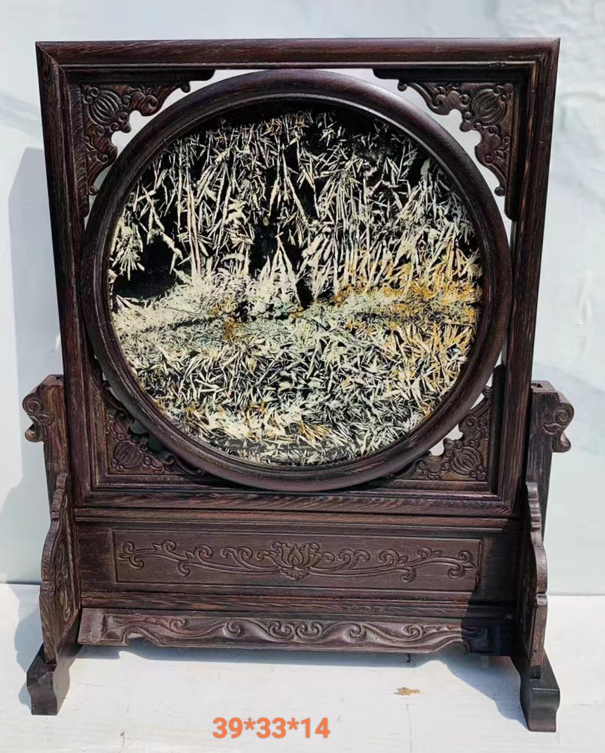 洛阳竹叶石屏风摆件，稀有石种，中式复古轻奢精美屏风，图上有尺寸。