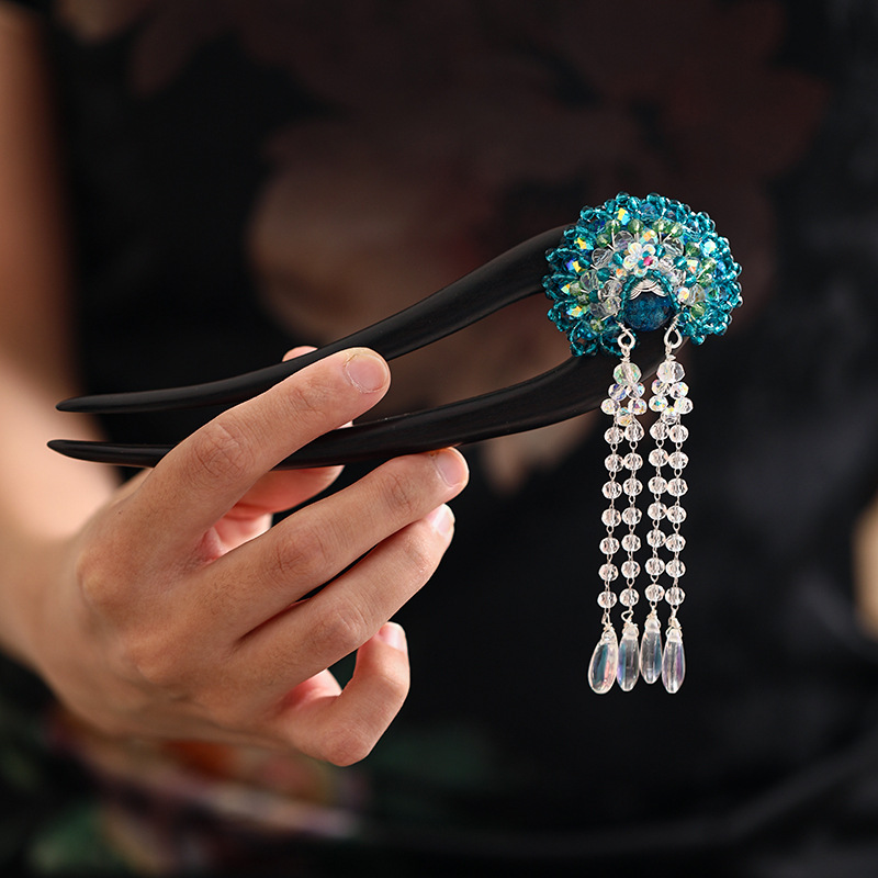 U型檀木蓝色脸谱流苏刀马旦国风古典盘发簪簪发