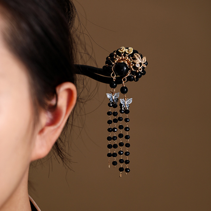 檀木发簪黑色刀马旦黑武士国风古典民族风气质时尚发簪子