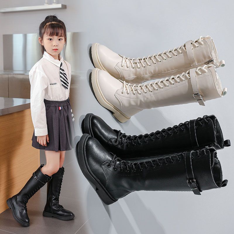 儿童马丁靴女童靴子 2023秋冬季新款韩版中大童长筒靴加绒高帮皮