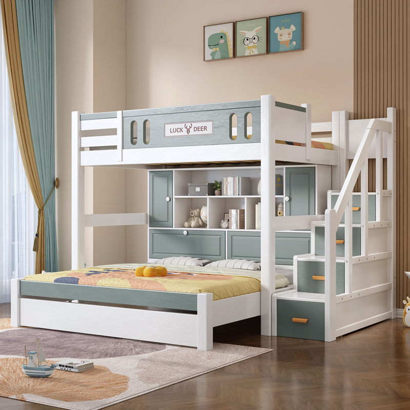 实木高架床带衣柜上床下书桌一体组合床双人儿童床书柜大床高低铺