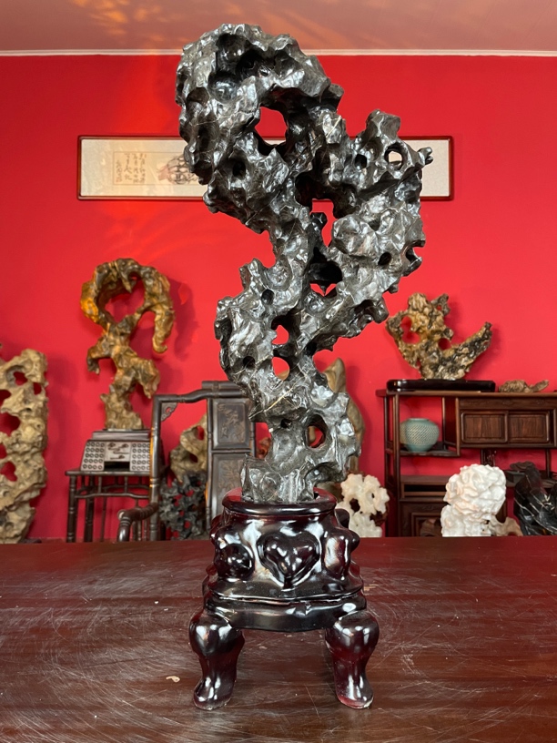 黑色太湖石家居摆件玄关书房摆件茶室办公室摆件手工雕刻摆设